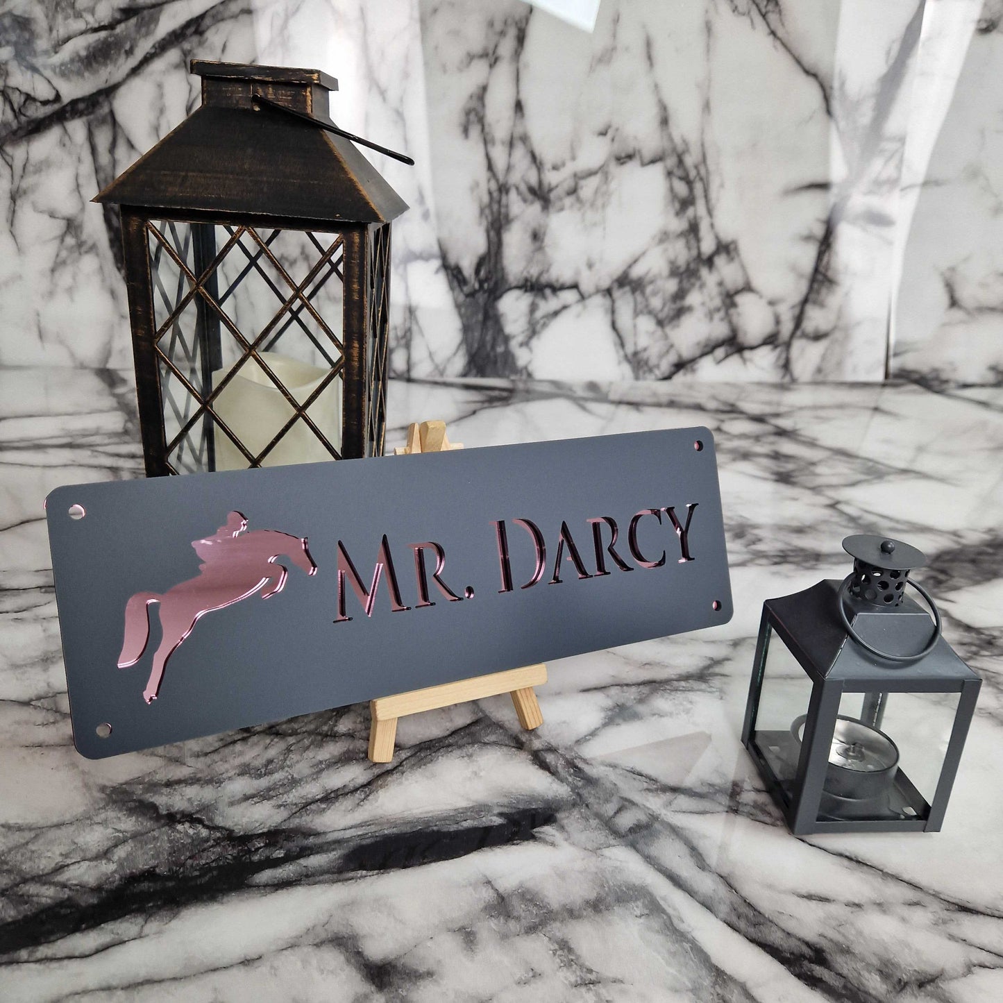 Anthracite Grey and Rose Gold Mirror Effect Laser Horse Stable Personalised Sign