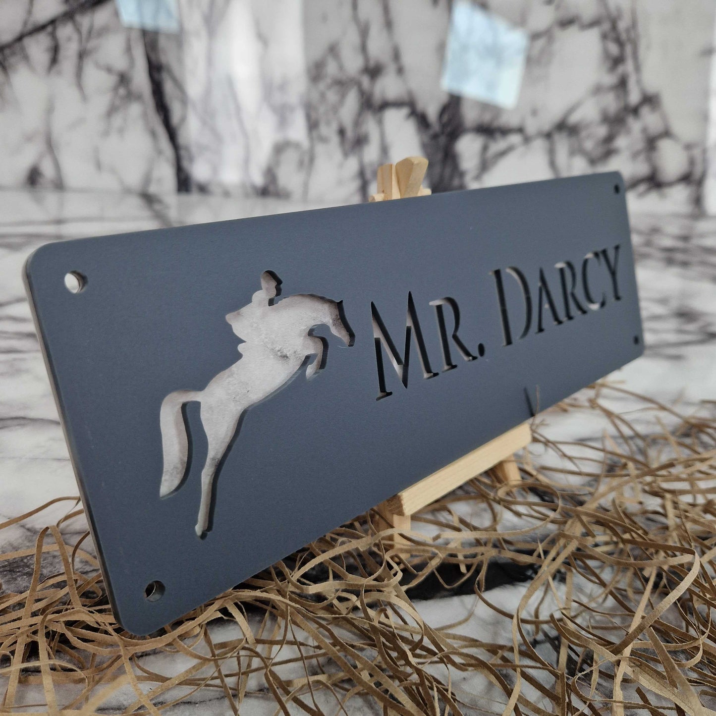 Matt Black and White Marble Effect Laser Horse Stable Personalised Sign