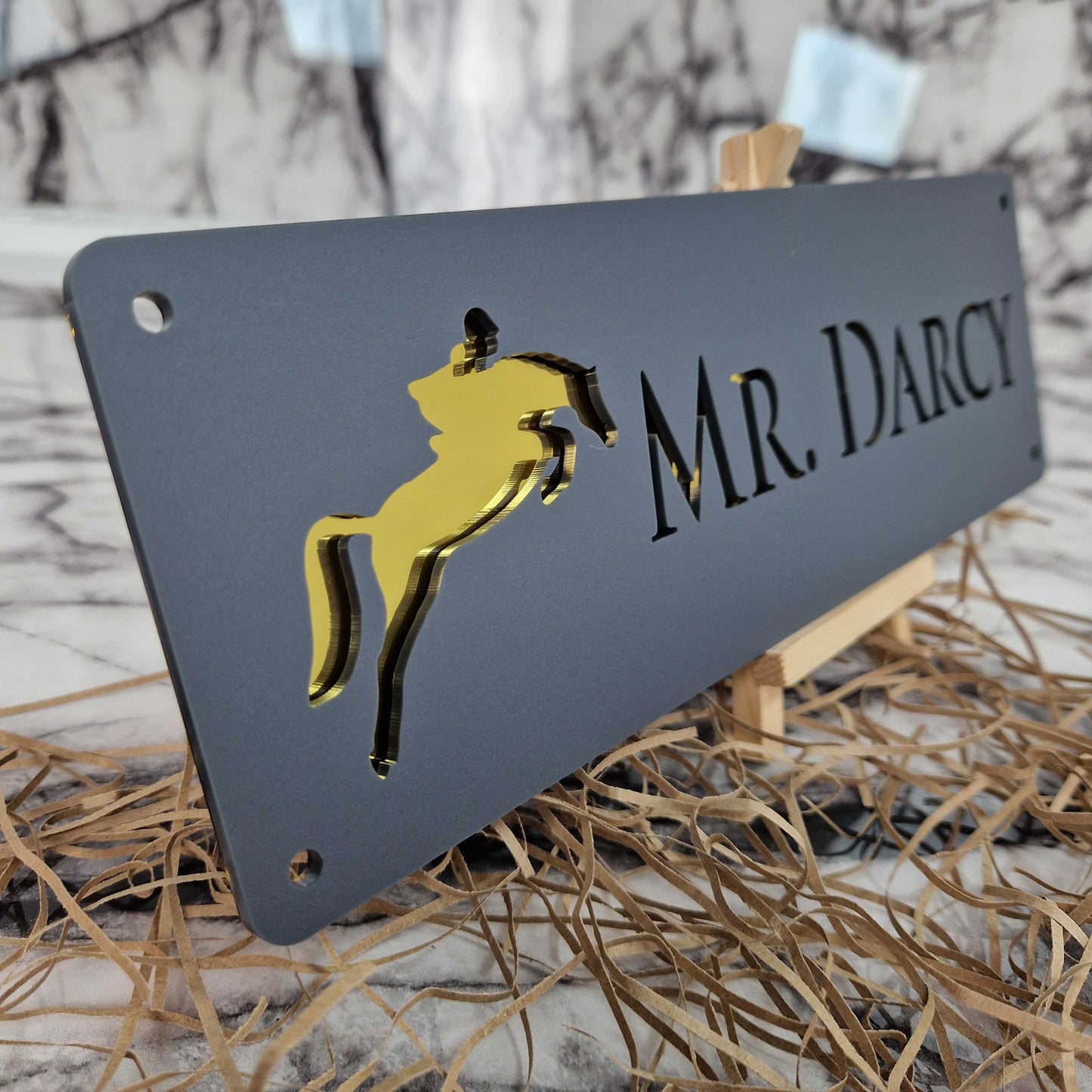 Anthracite Grey and Gold Mirror Effect Laser Horse Stable Personalised Sign