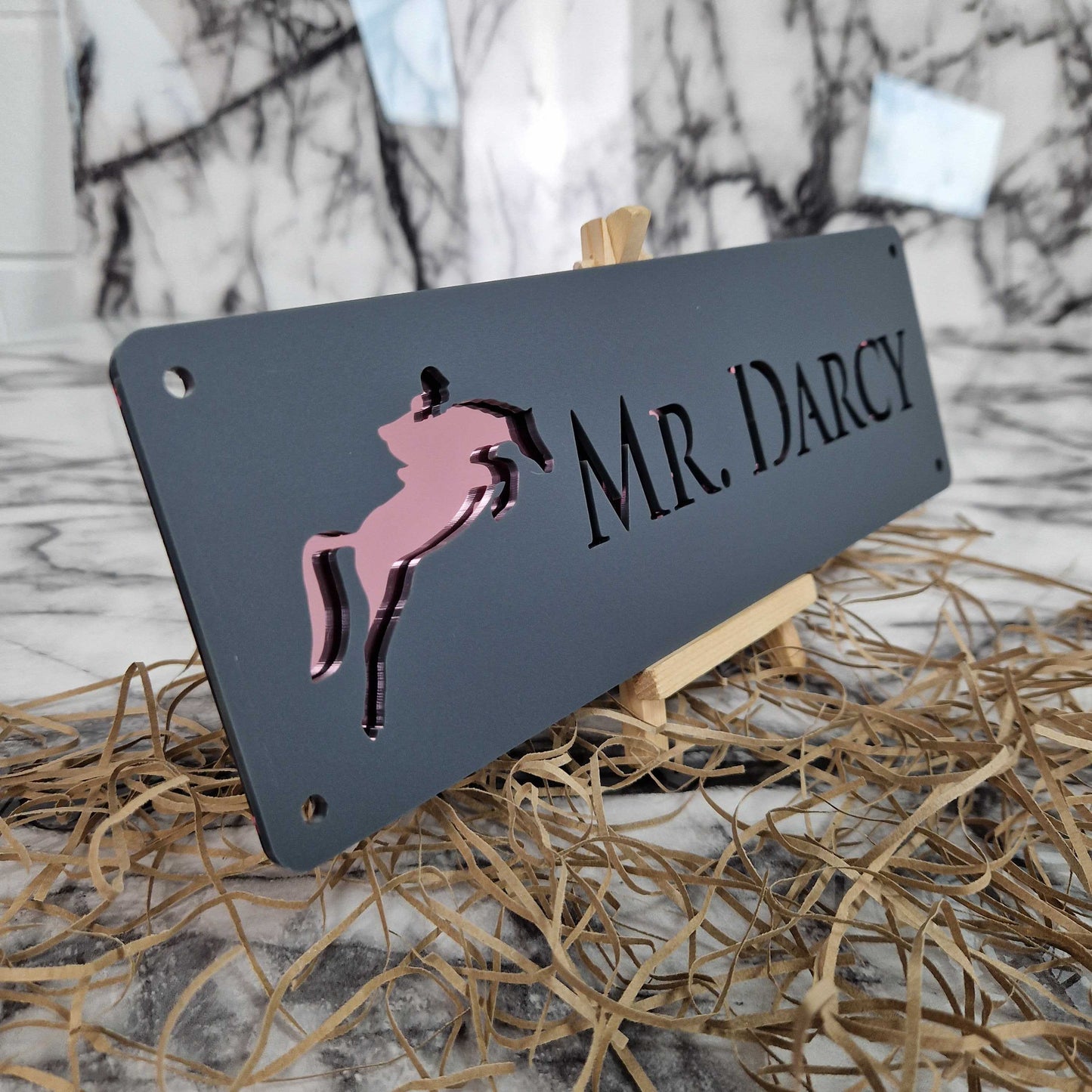 Anthracite Grey and Rose Gold Mirror Effect Laser Horse Stable Personalised Sign