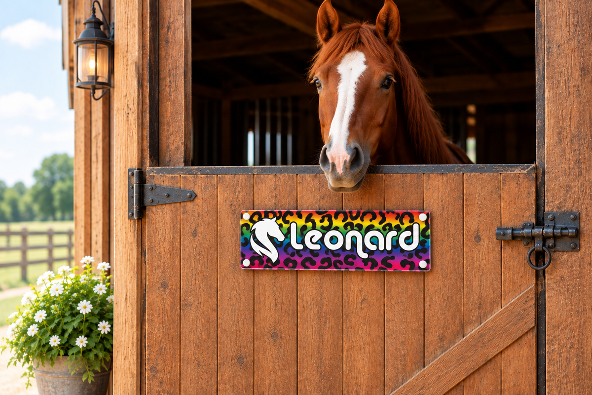 Horse Stable Name sign with Rainbow Leopard animal design