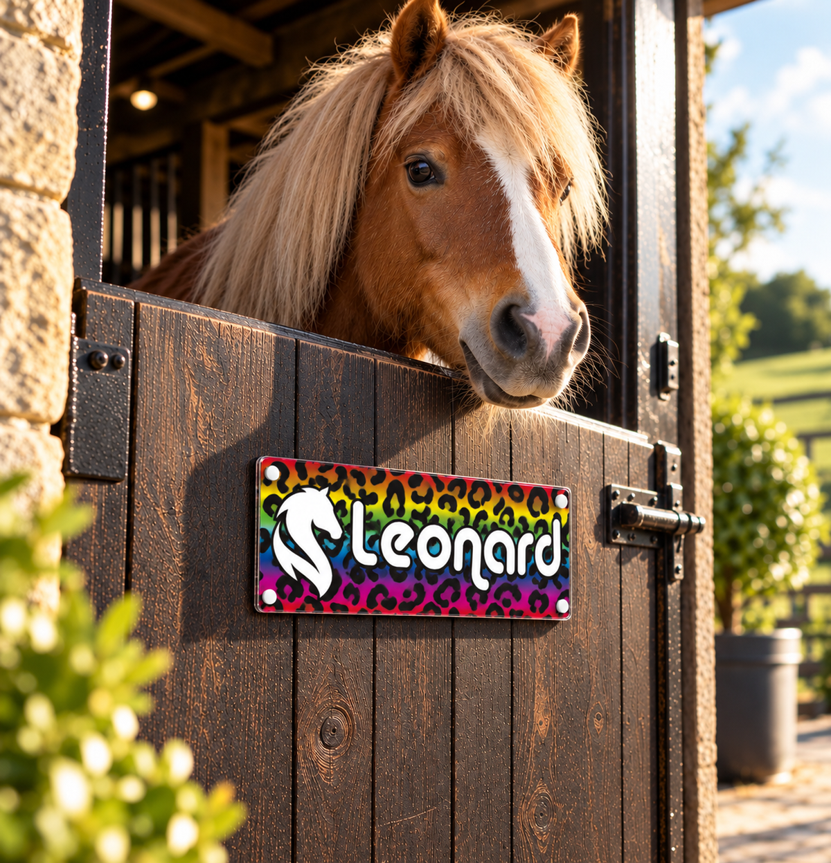 Horse Stable Name sign with Rainbow Leopard animal design