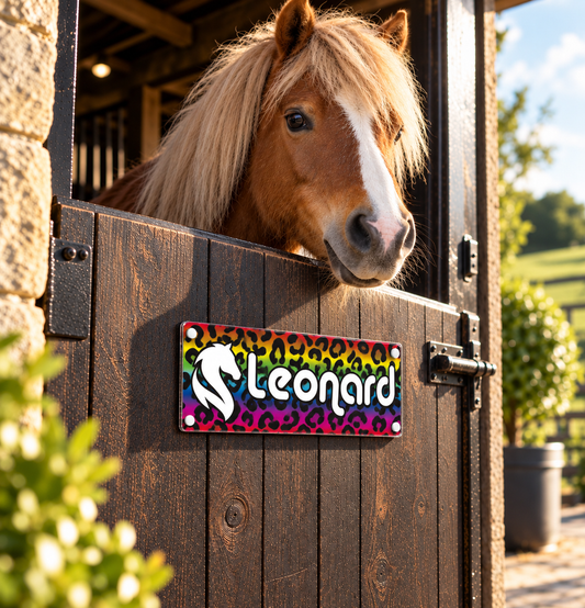 Horse Stable Name sign with Rainbow Leopard animal design