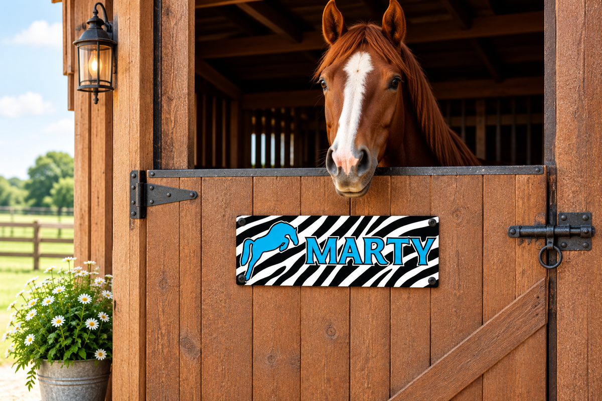 Black and White Zebra Design with Blue writing