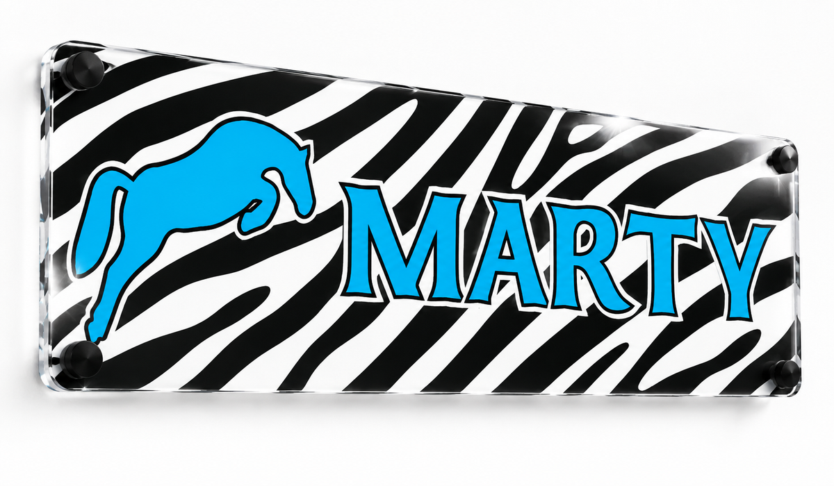 Black and White Zebra Design with Blue writing
