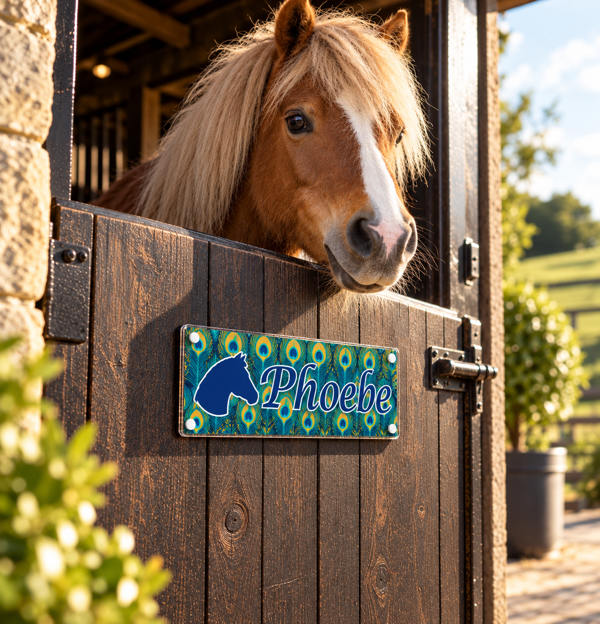 Horse Stable Name sign with Peacock Feather design